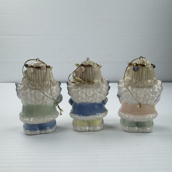 Set of 3 Vintage Ceramic Angel Ornaments Pastel Gold Trim Christmas - Picture 2 of 11